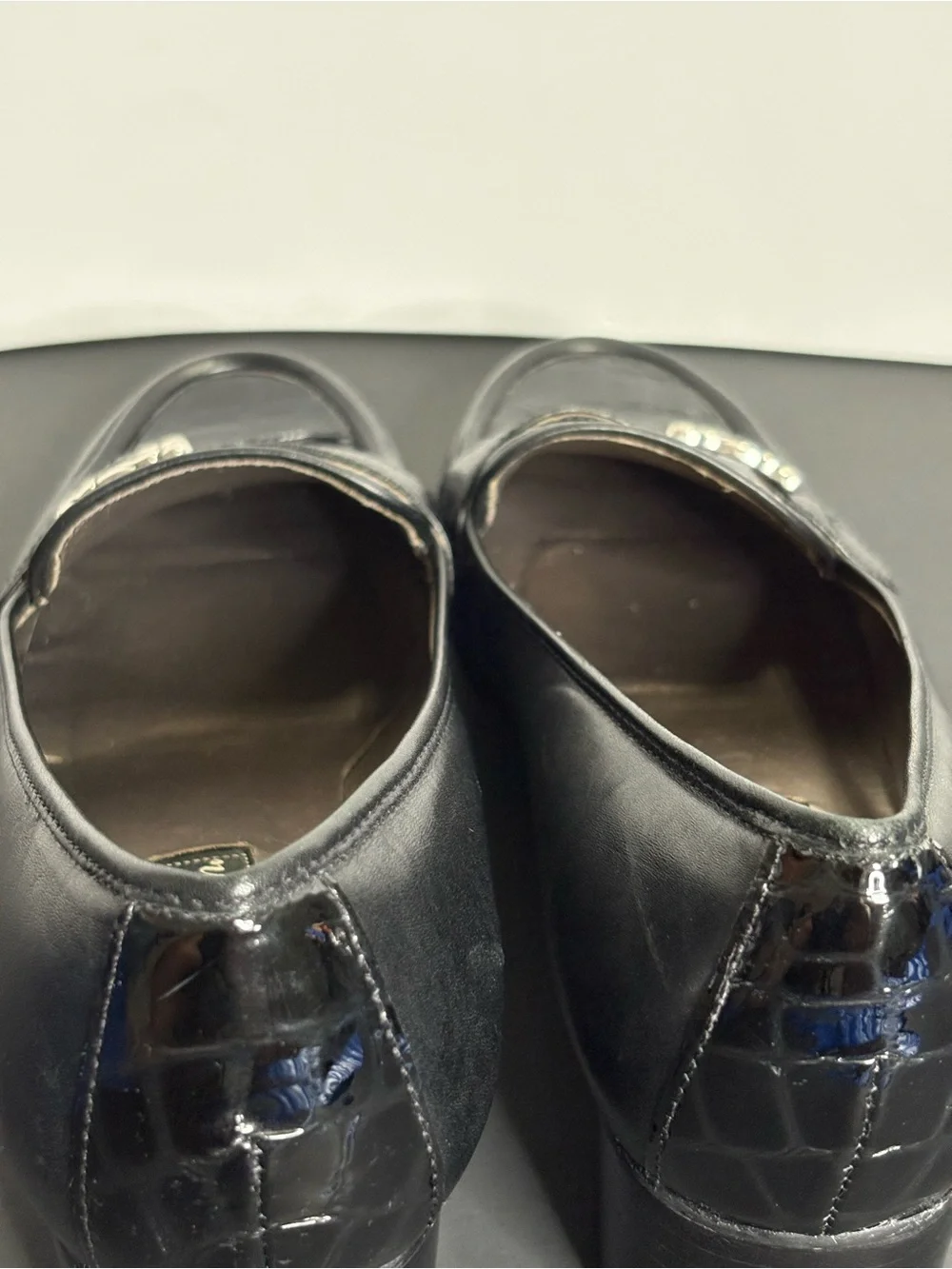 Brighton Black Leather Croc Embossed Loafer Pumps Silver Buckle